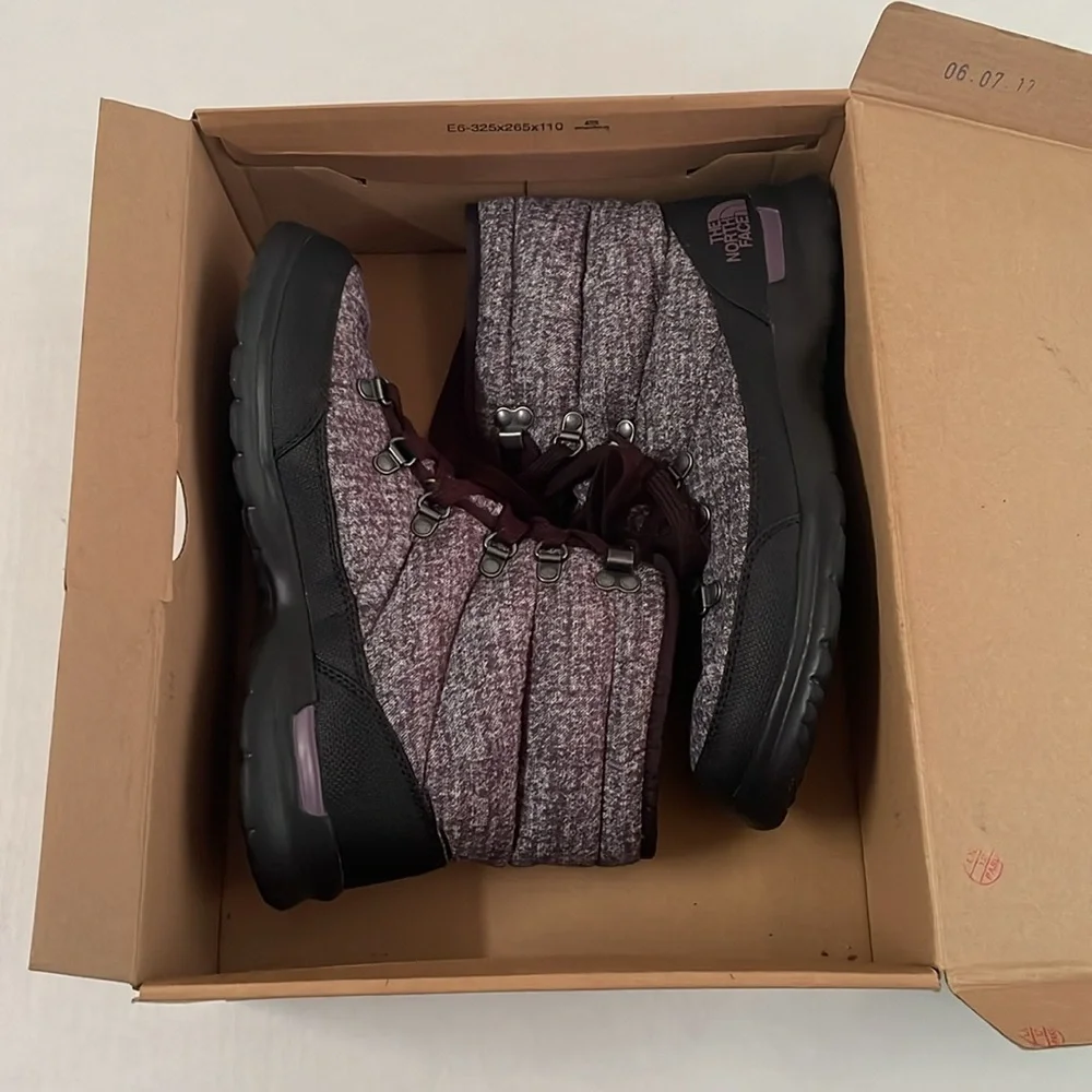 North Face Thermoball Lace II Faux Fur Boots W/ Box - Black & Plum - Size 9